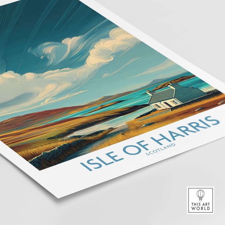 Isle of Harris poster showcasing a dramatic Scottish seascape with vibrant clouds and a charming coastal cottage.