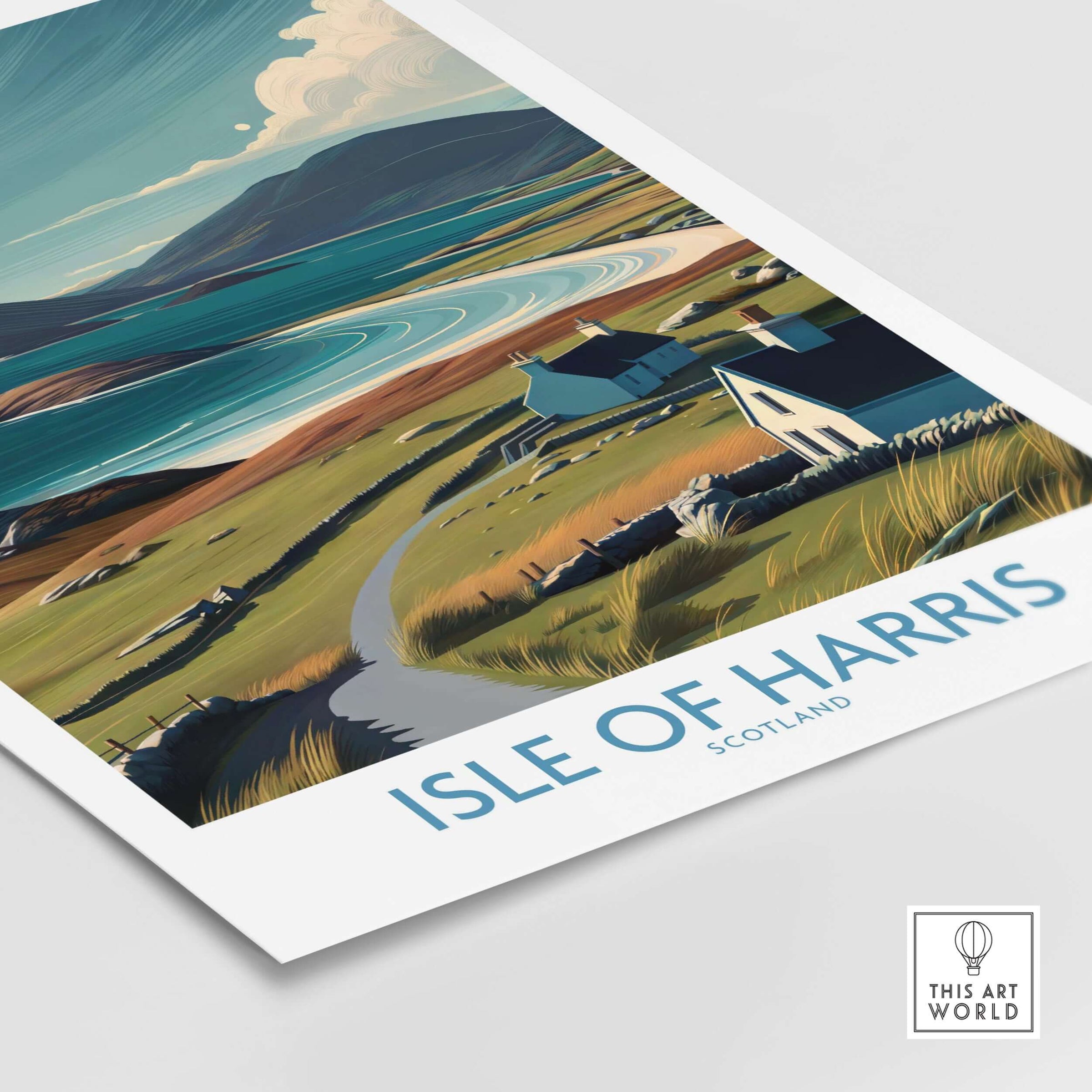 Isle of Harris Scotland Hebridean Landscape Poster - Remote Scottish Island Artwork featuring serene coastal scenery.