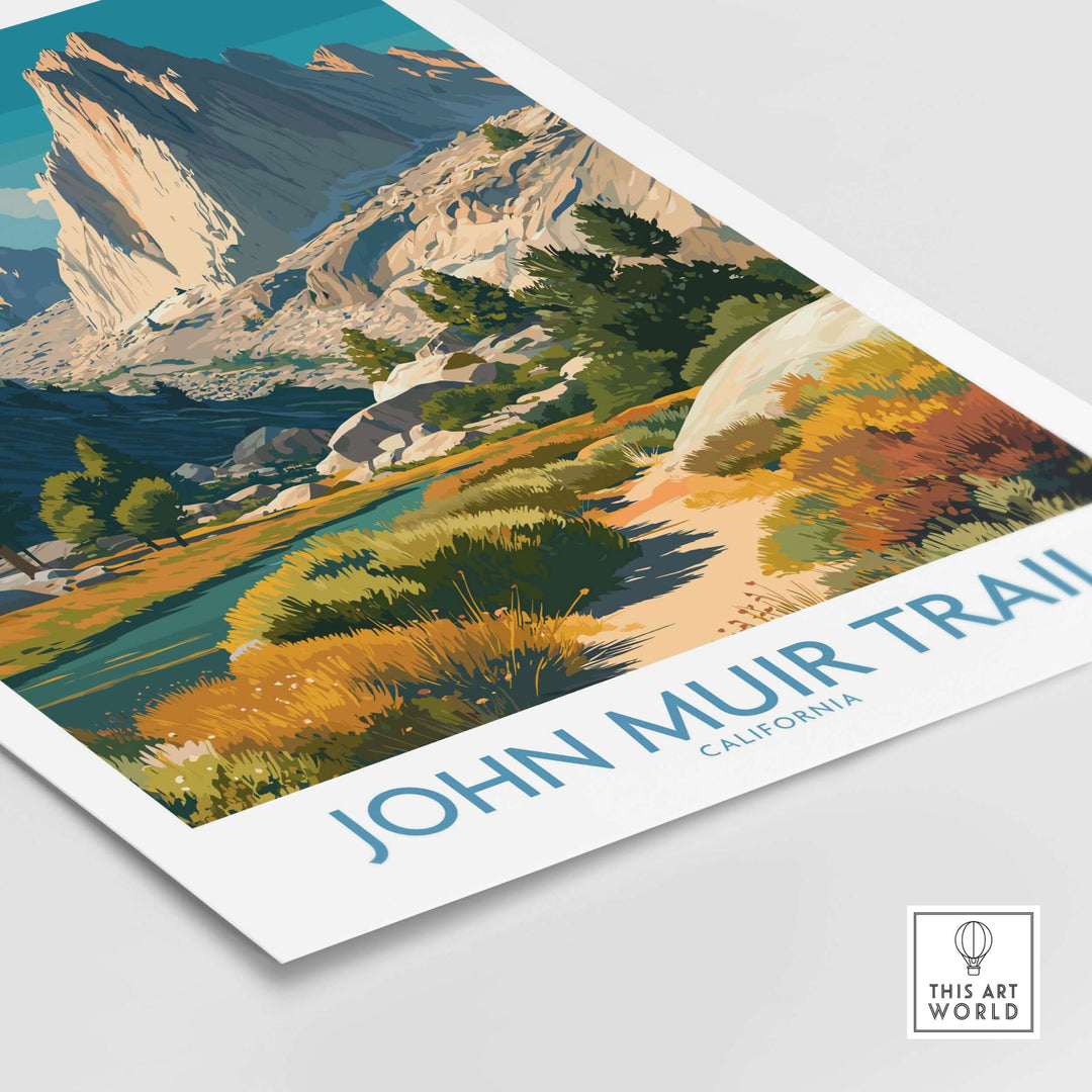 John Muir Trail California Alpine Valley poster showcasing Yosemite National Park's stunning landscape and serene wilderness.