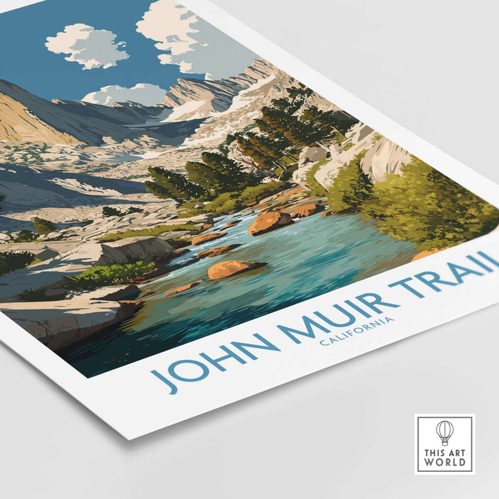John Muir Trail poster featuring a vibrant mountain river and California landscape, perfect for nature and hiking enthusiasts.