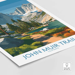 John Muir Trail California Serene Lake Wall Art - Sierra Nevada Travel Print showcasing a tranquil landscape with mountains and trees.