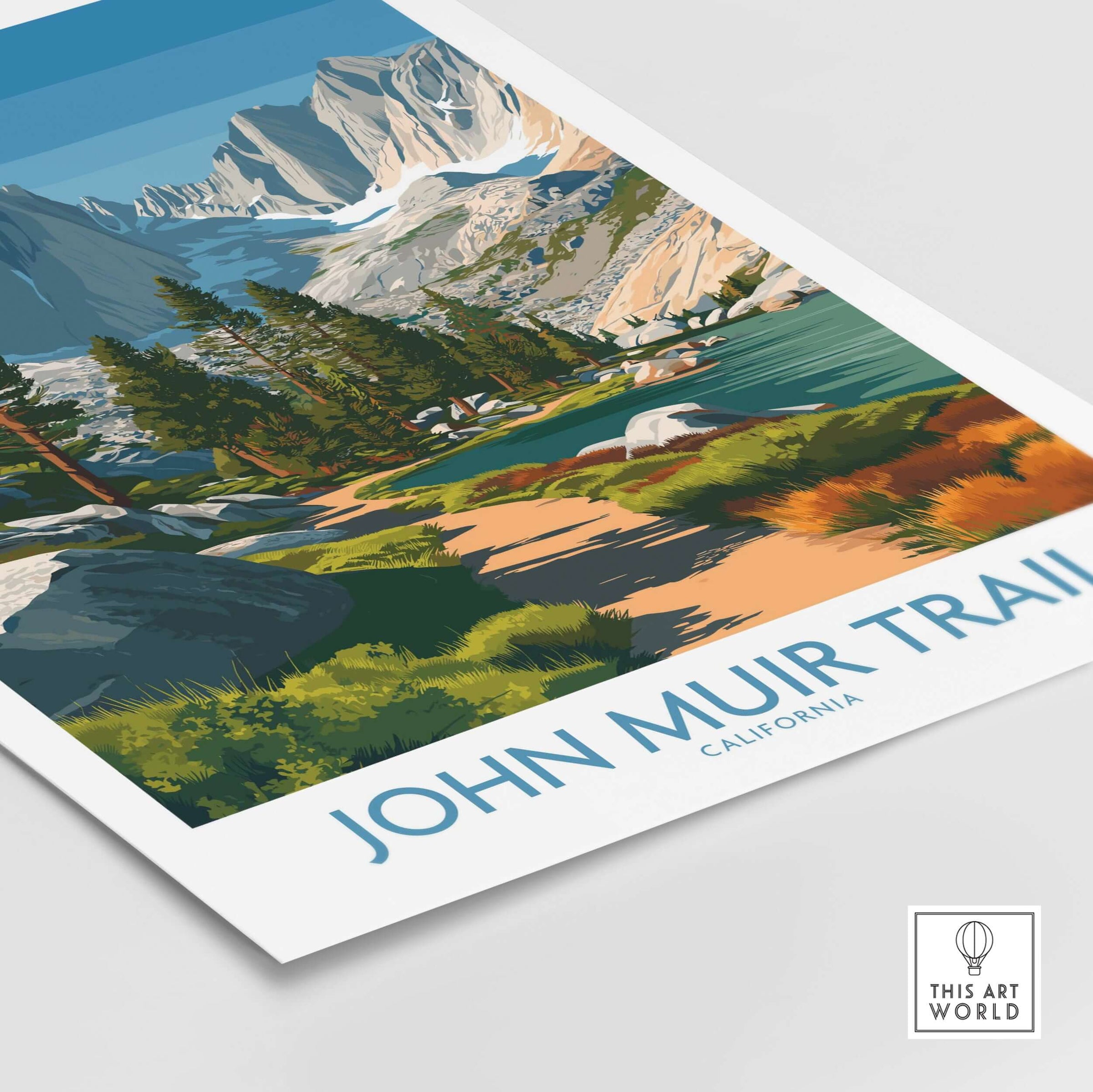 John Muir Trail California Serene Lake Wall Art - Sierra Nevada Travel Print showcasing a tranquil landscape with mountains and trees.