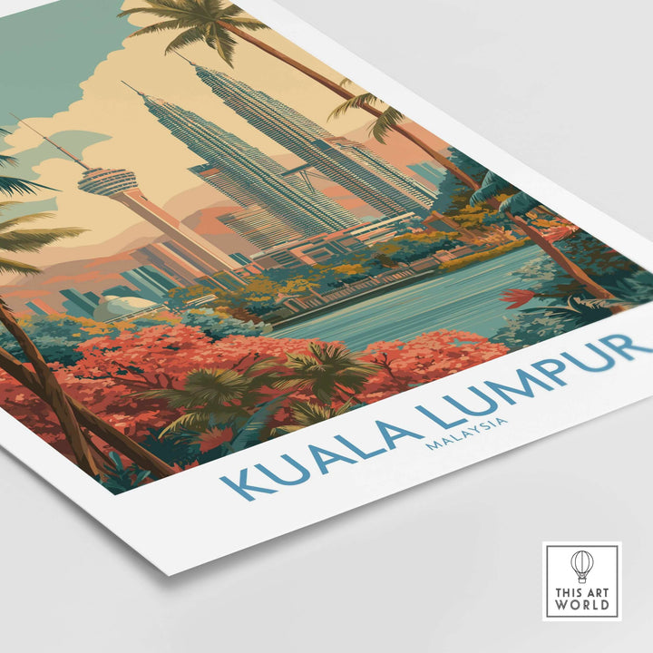 Kuala Lumpur poster featuring Malaysia's skyline, vibrant urban landscape, and tropical elements for travel enthusiasts.