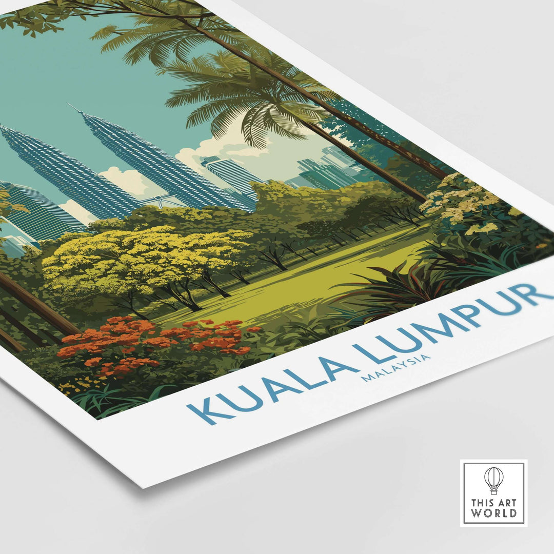 Kuala Lumpur skyline poster featuring iconic Petronas Towers and lush greenery for modern wall art decor.