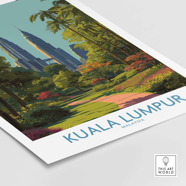 Kuala Lumpur Malaysia travel poster showcasing vibrant greenery and iconic skyline, perfect for home decor.