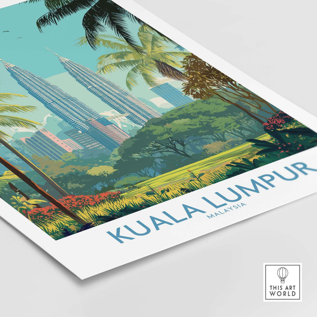 Kuala Lumpur Malaysia skyline poster featuring lush greenery and modern architecture.