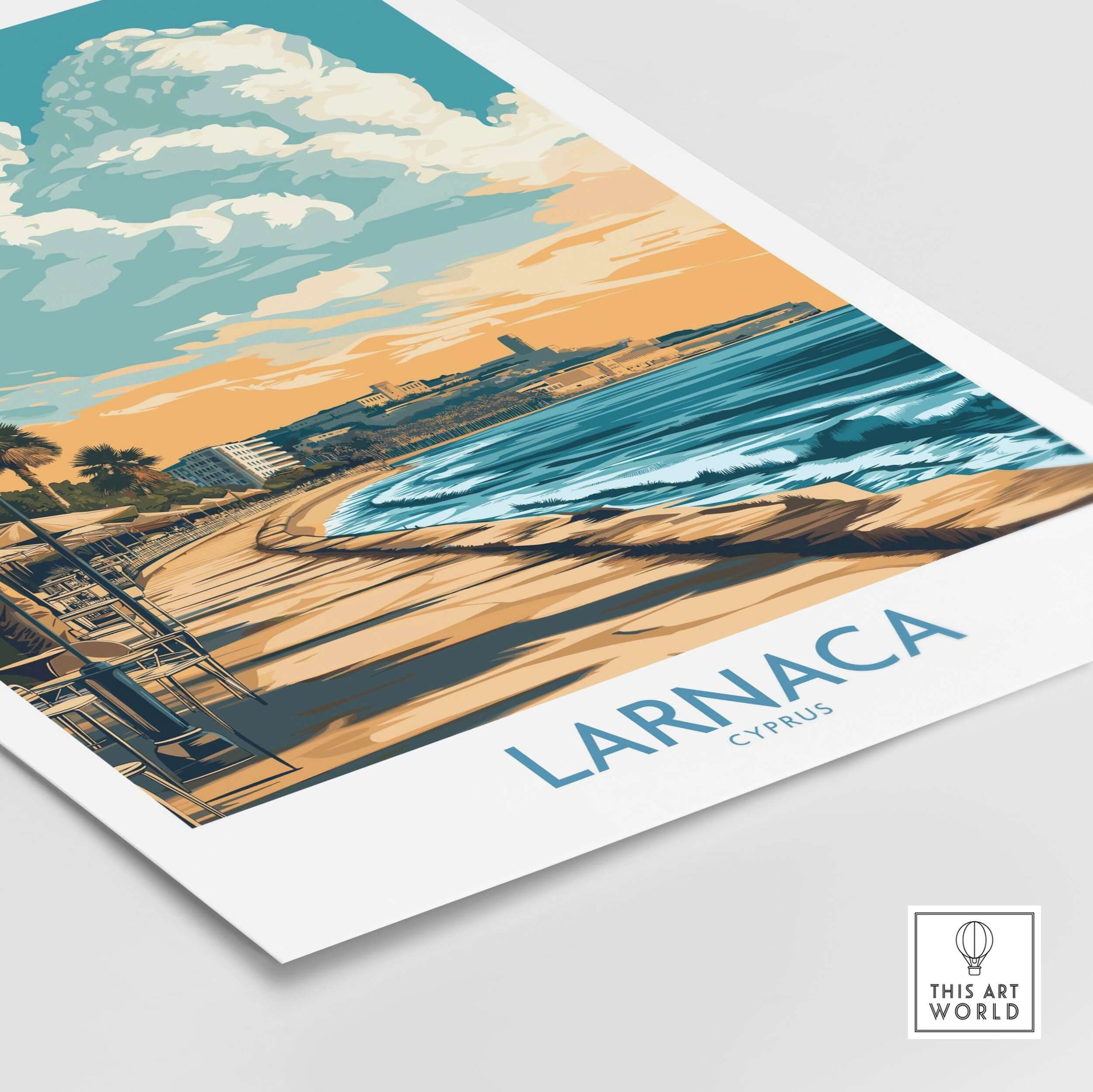 Larnaca Poster Cyprus Palm Tree Sunset - Cyprus Travel Print showcasing a serene Larnaca beach scene at sunset.