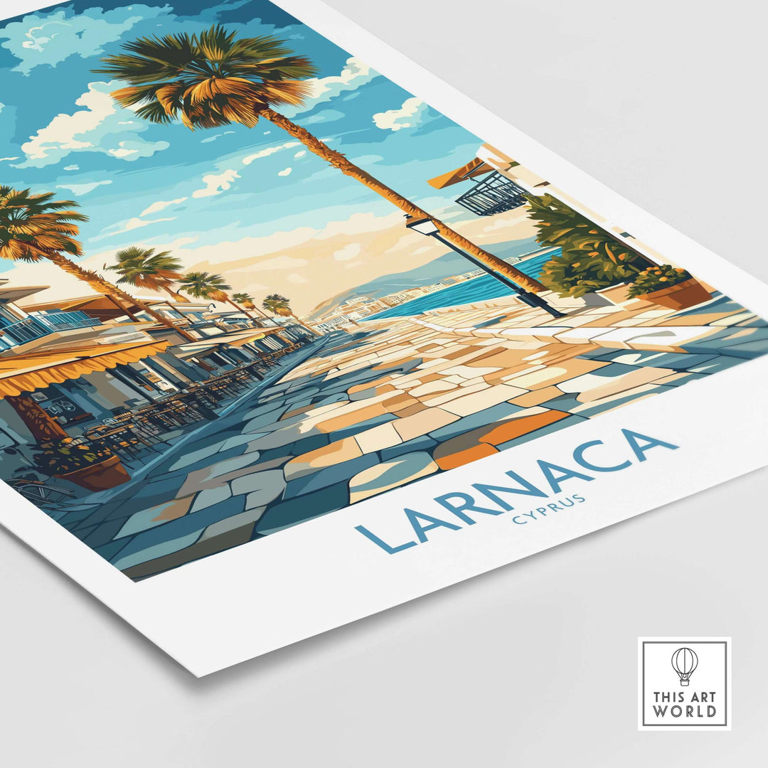 Larnaca Cyprus Finikoudes Beach wall art print featuring palm trees and vibrant seaside scenery.