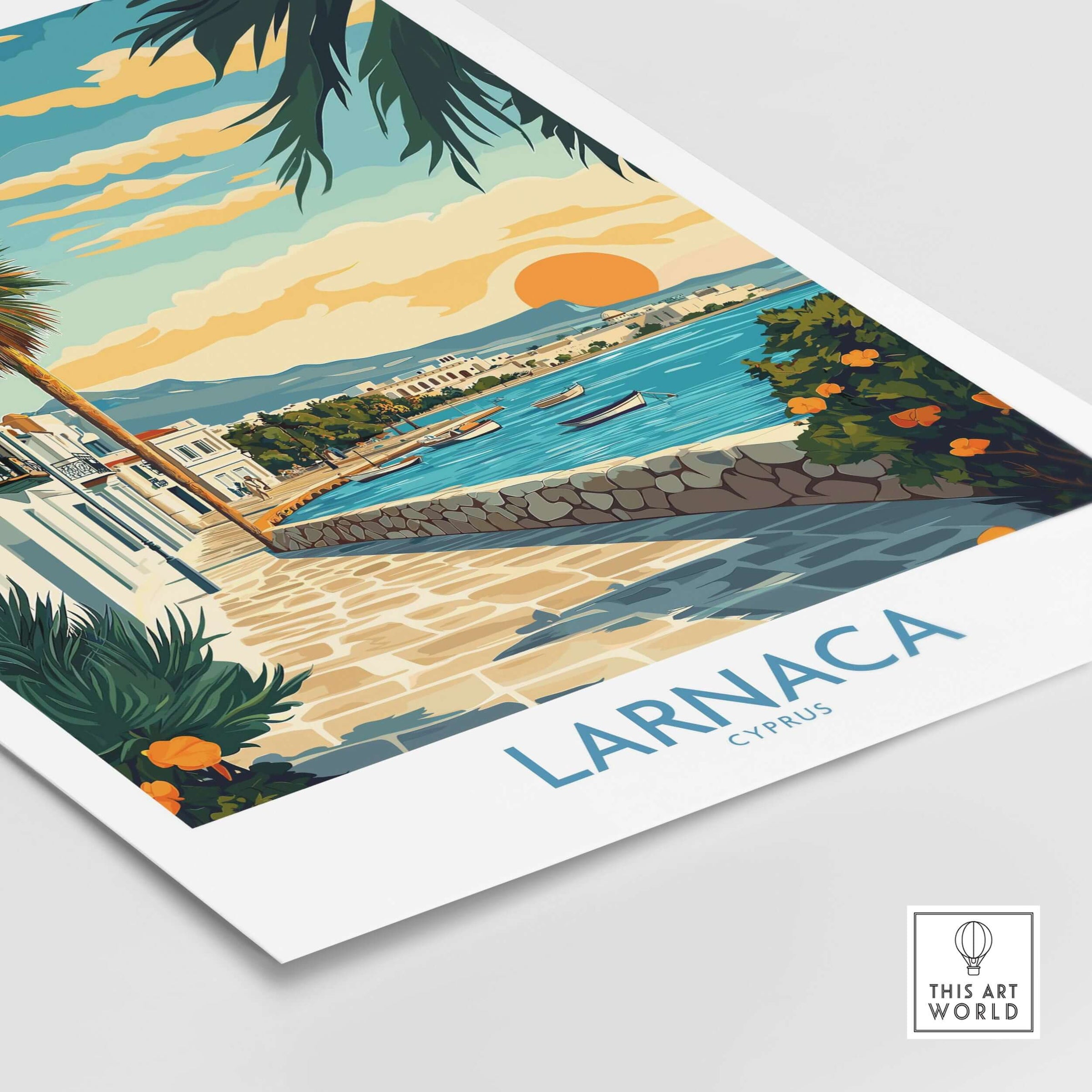 Larnaca Cyprus Wall Art - Cyprus Travel Poster showcasing vibrant coastal views and Mediterranean charm.