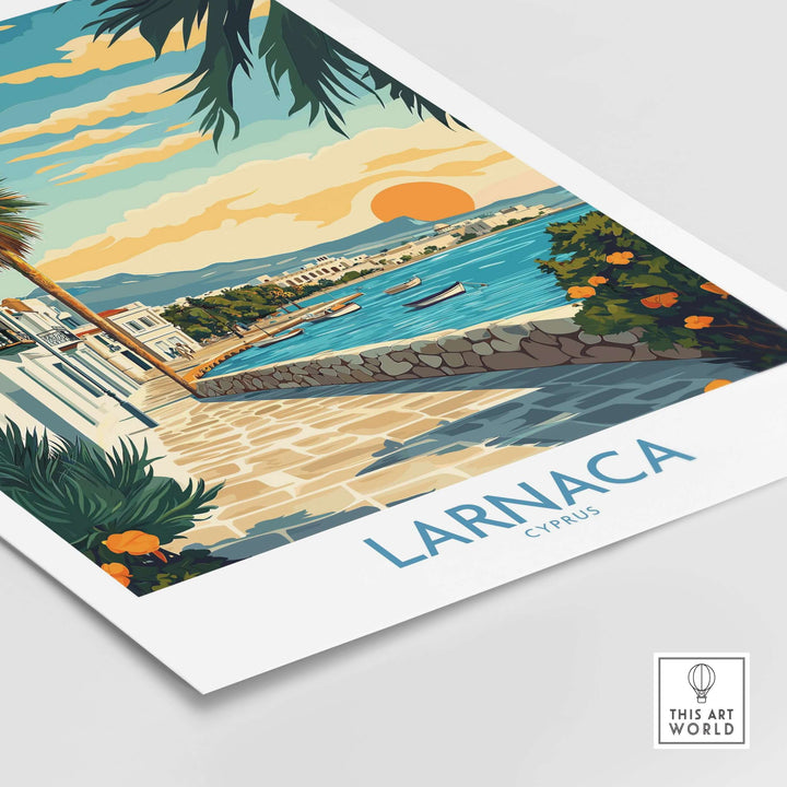 Larnaca Cyprus travel poster featuring coastal views, vibrant culture, and Mediterranean charm.