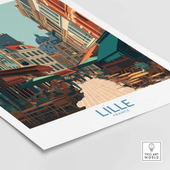Lille France Wall Art - French Cityscape Decor depicting a vibrant street scene in Lille with outdoor seating and architecture.