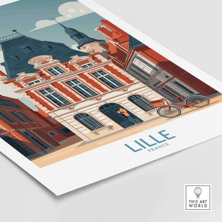 Lille France poster featuring a charming European city scene with classic architecture and a bicycle.