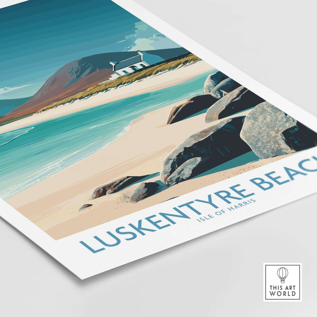 Luskentyre Beach Isle of Harris wall art showcasing turquoise waters and rocky shoreline, perfect for coastal decor.