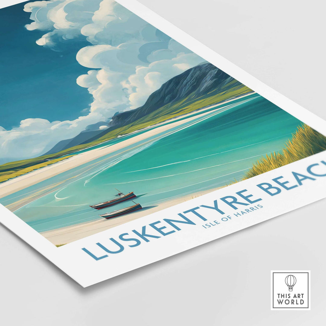 Luskentyre Beach Isle of Harris wall art print featuring serene coastal scene and vibrant colors.