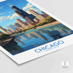 Chicago wall art print featuring a vibrant skyline and reflections on the water, showcasing the city's modern beauty.