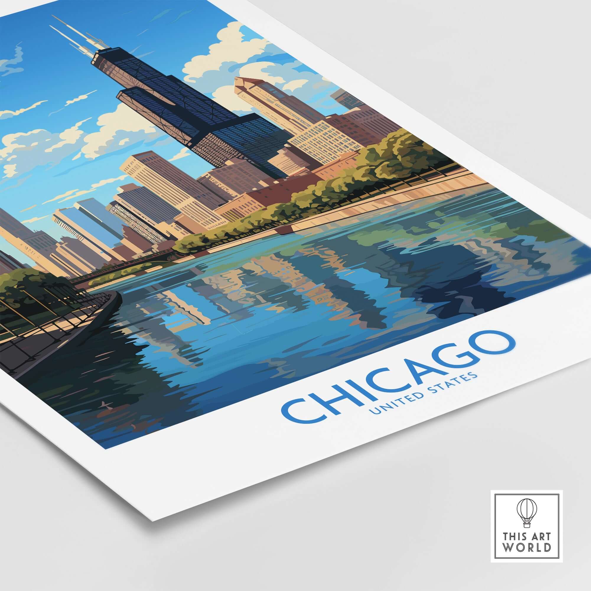 Chicago wall art print featuring a vibrant skyline and reflections on the water, showcasing the city's modern beauty.