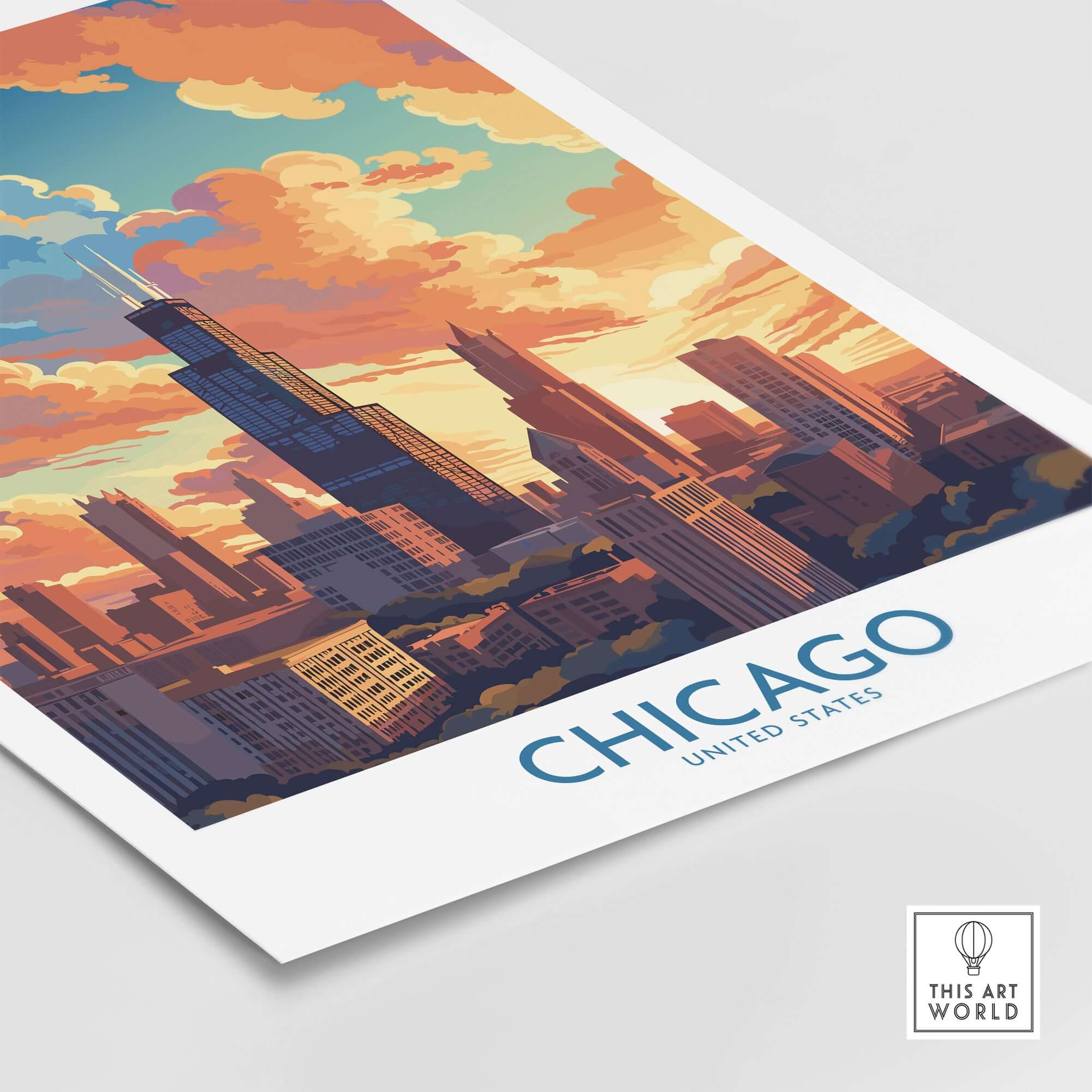 Chicago travel poster featuring a vibrant sunset and skyline, perfect for wall decor and gifts for travelers.