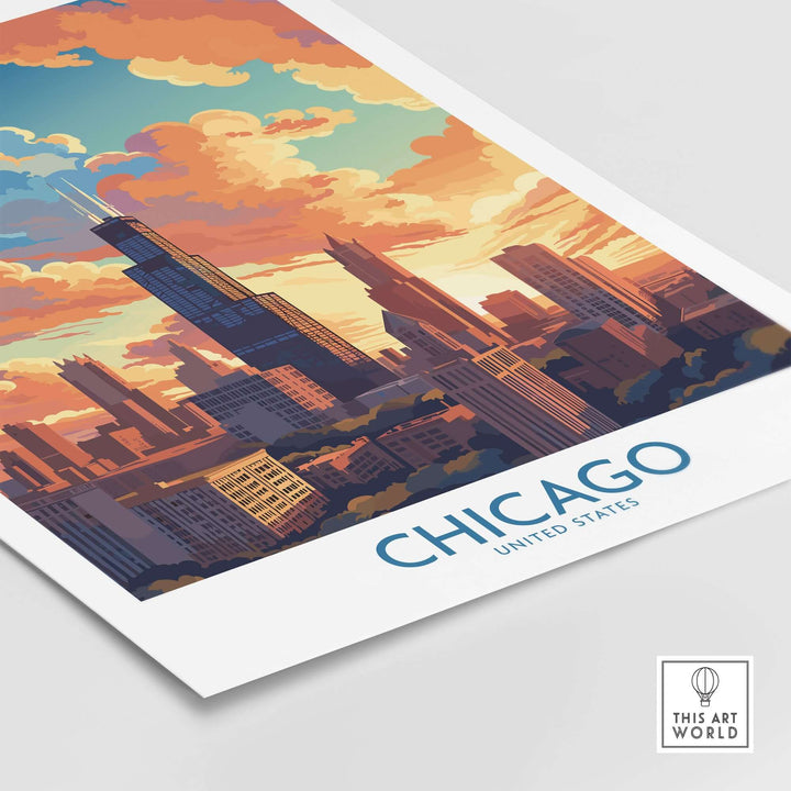 Chicago travel poster featuring a vibrant sunset and skyline, perfect for wall decor and gifts for travelers.