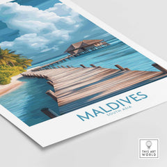 Maldives Wall Art Print - Beach featuring a tranquil pier and picturesque tropical landscape in vibrant colors.
