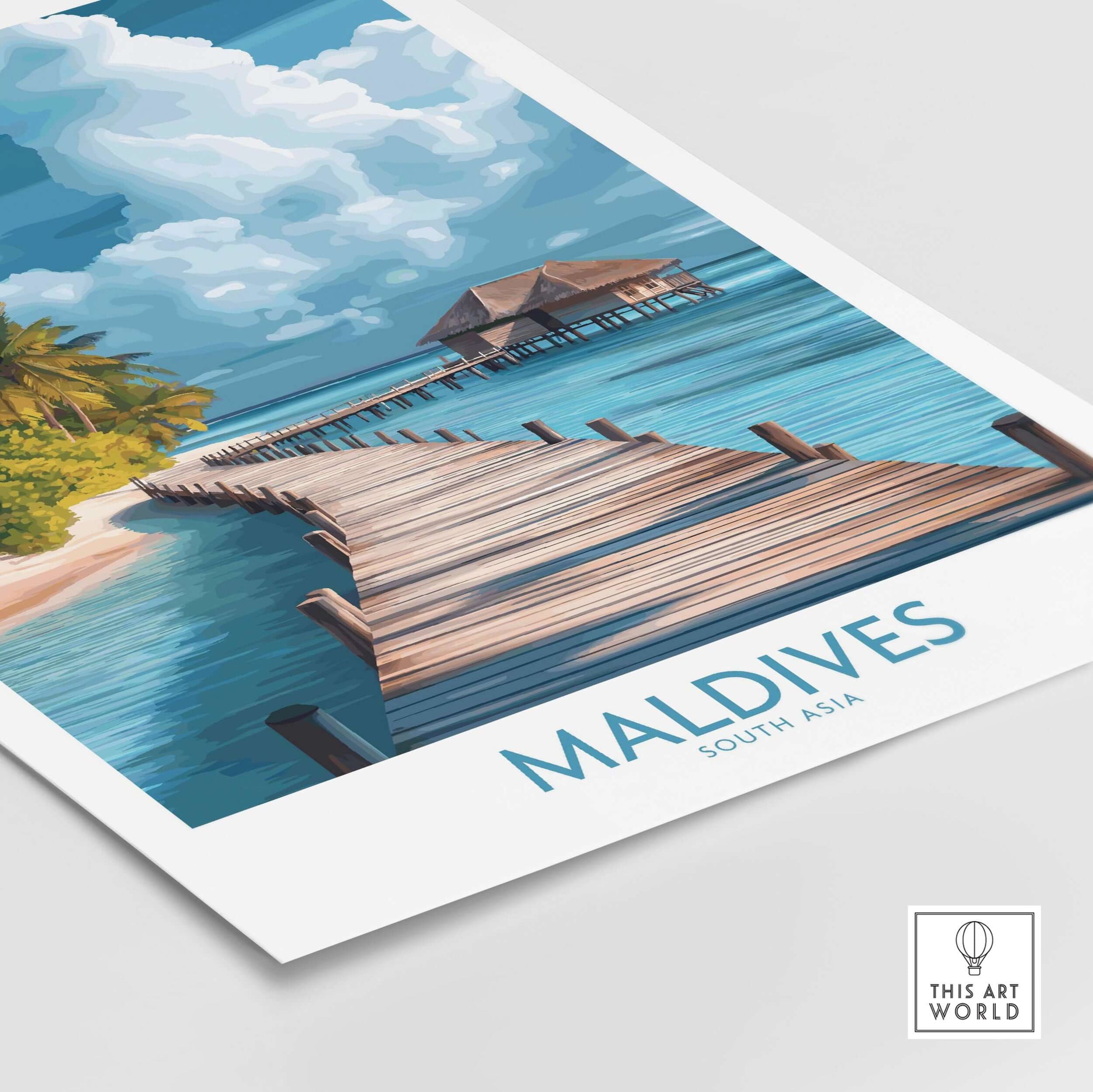 Maldives Wall Art Print - Beach featuring a tranquil pier and picturesque tropical landscape in vibrant colors.