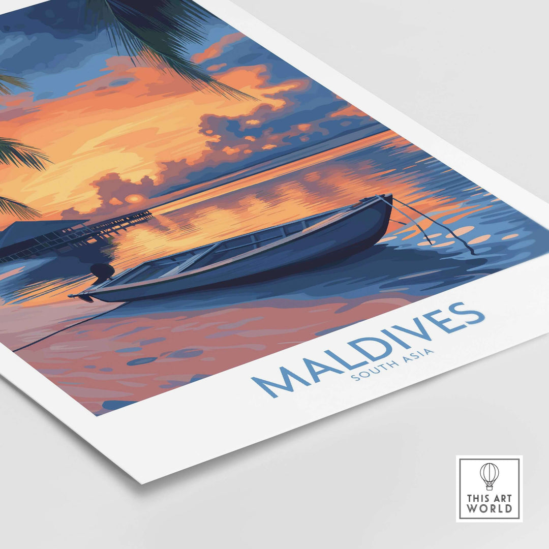 Maldives Wall Art Print - Sunset showcasing a tranquil boat scene during a vibrant Maldivian sunset.