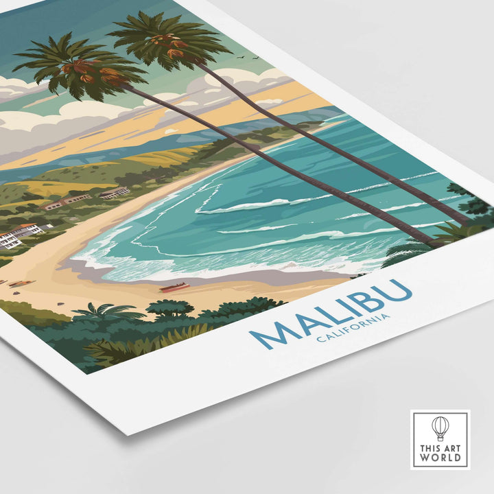 Malibu California poster featuring beach scene with palm trees and vibrant ocean colors, perfect for home decor.