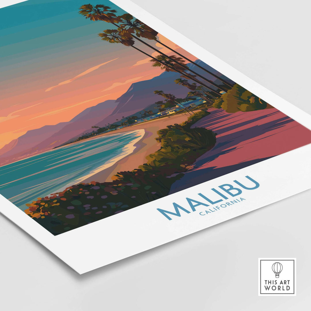Malibu California beach sunset poster with vibrant colors and palms, evoking coastal serenity and warmth.