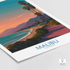 Malibu Poster California - California Beach Sunset Print showcasing vibrant coastal views and a stunning sunset scene.