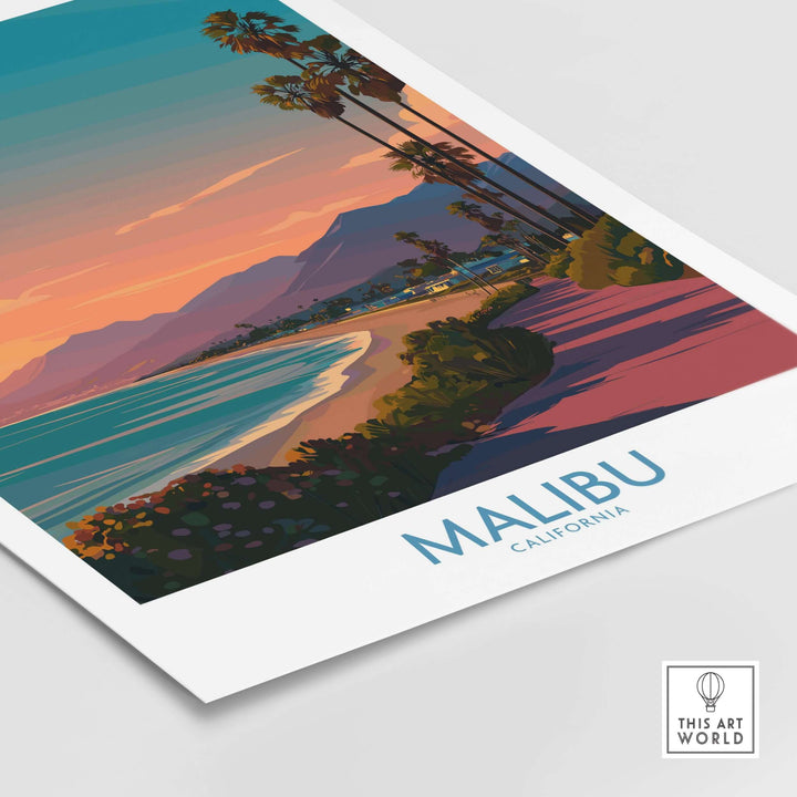 Malibu California beach sunset poster with vibrant colors and palms, evoking coastal serenity and warmth.