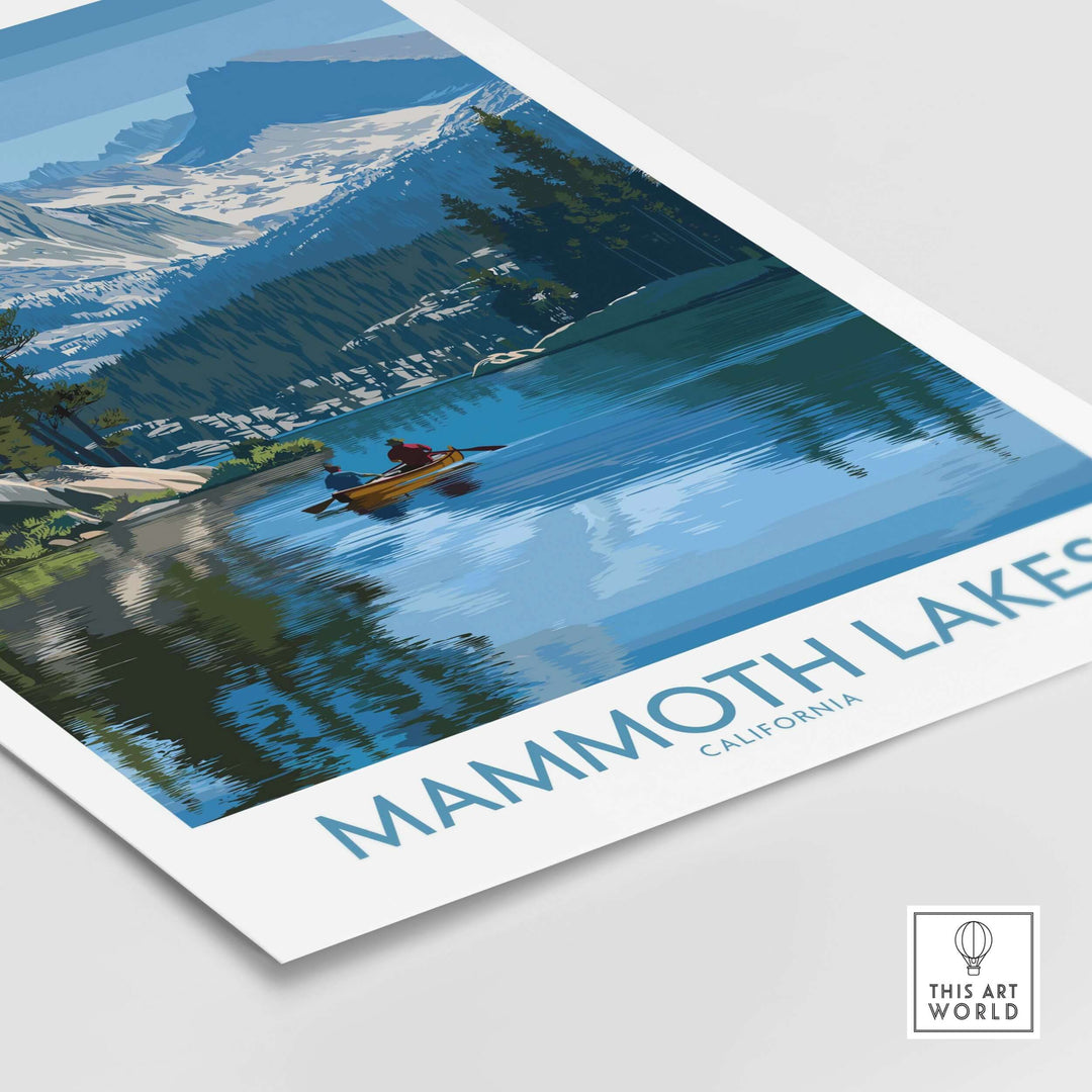 Mammoth Lakes wall art print depicting serene California landscape with mountains and a kayak on reflective water.