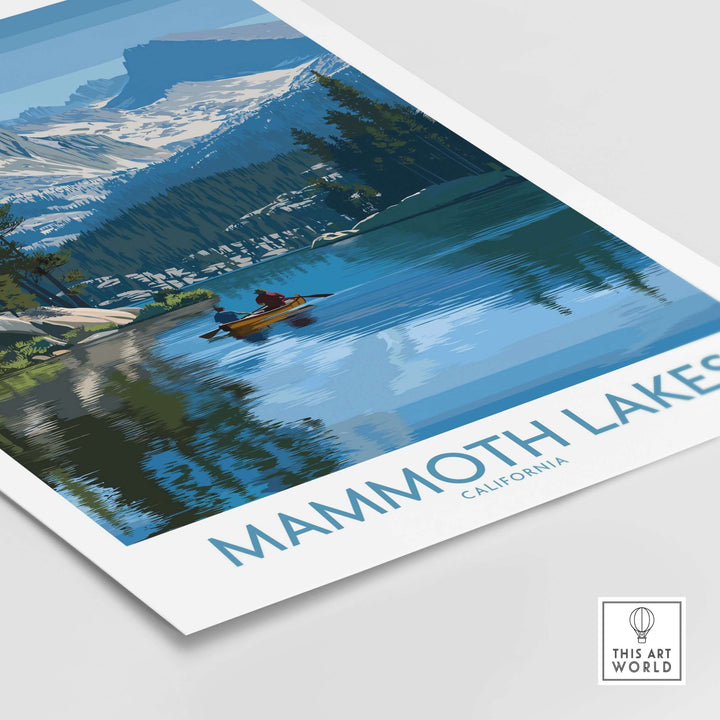 Mammoth Lakes wall art print depicting serene California landscape with mountains and a kayak on reflective water.