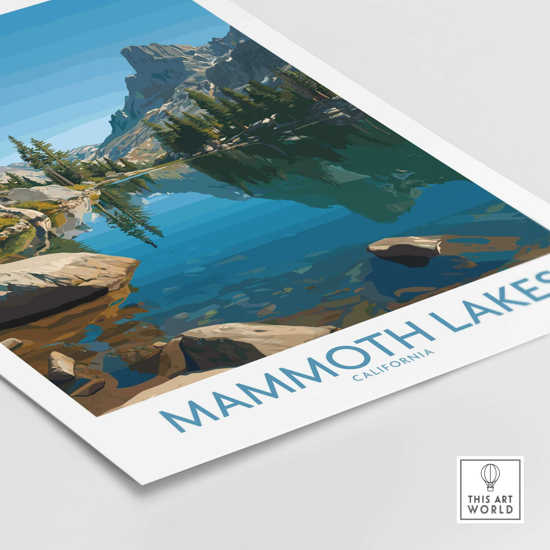 Mammoth Lakes California wall art print featuring majestic mountains and serene landscapes on a colorful backdrop.