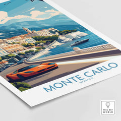 Monte Carlo Wall Art Monaco Travel Poster featuring a vibrant scene of Monaco with a luxury car and scenic coastline.