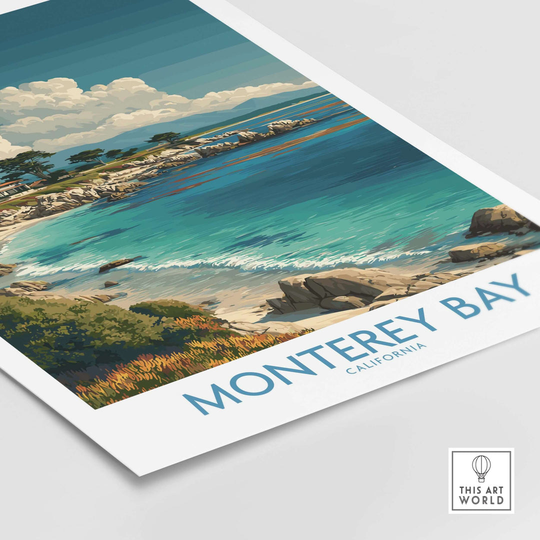 Monterey Bay California travel poster featuring stunning ocean views and vibrant marine life.