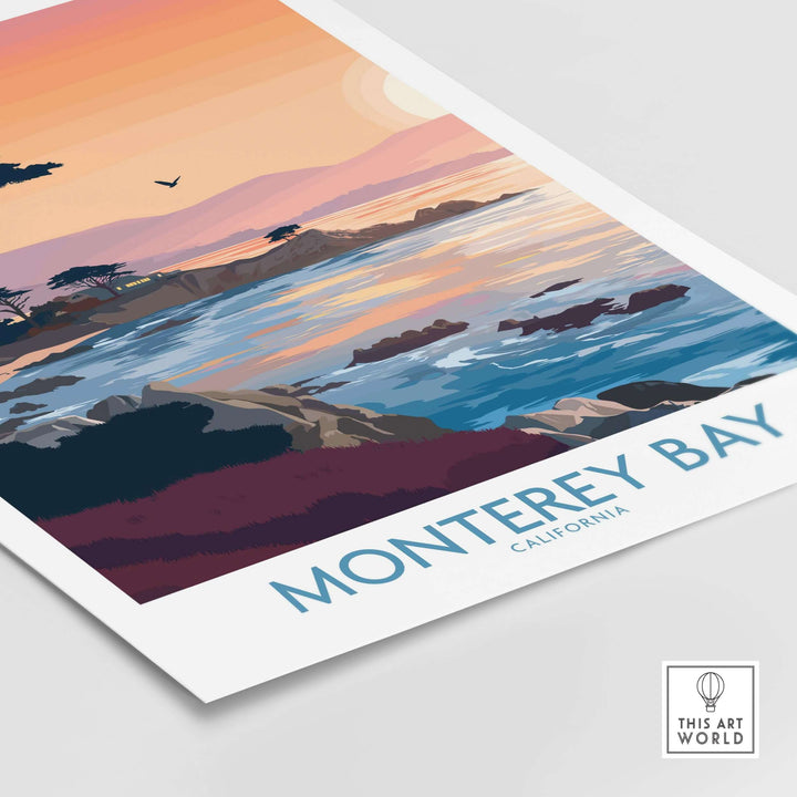 Monterey Bay California sunset coastline poster with cypress trees and serene ocean view.