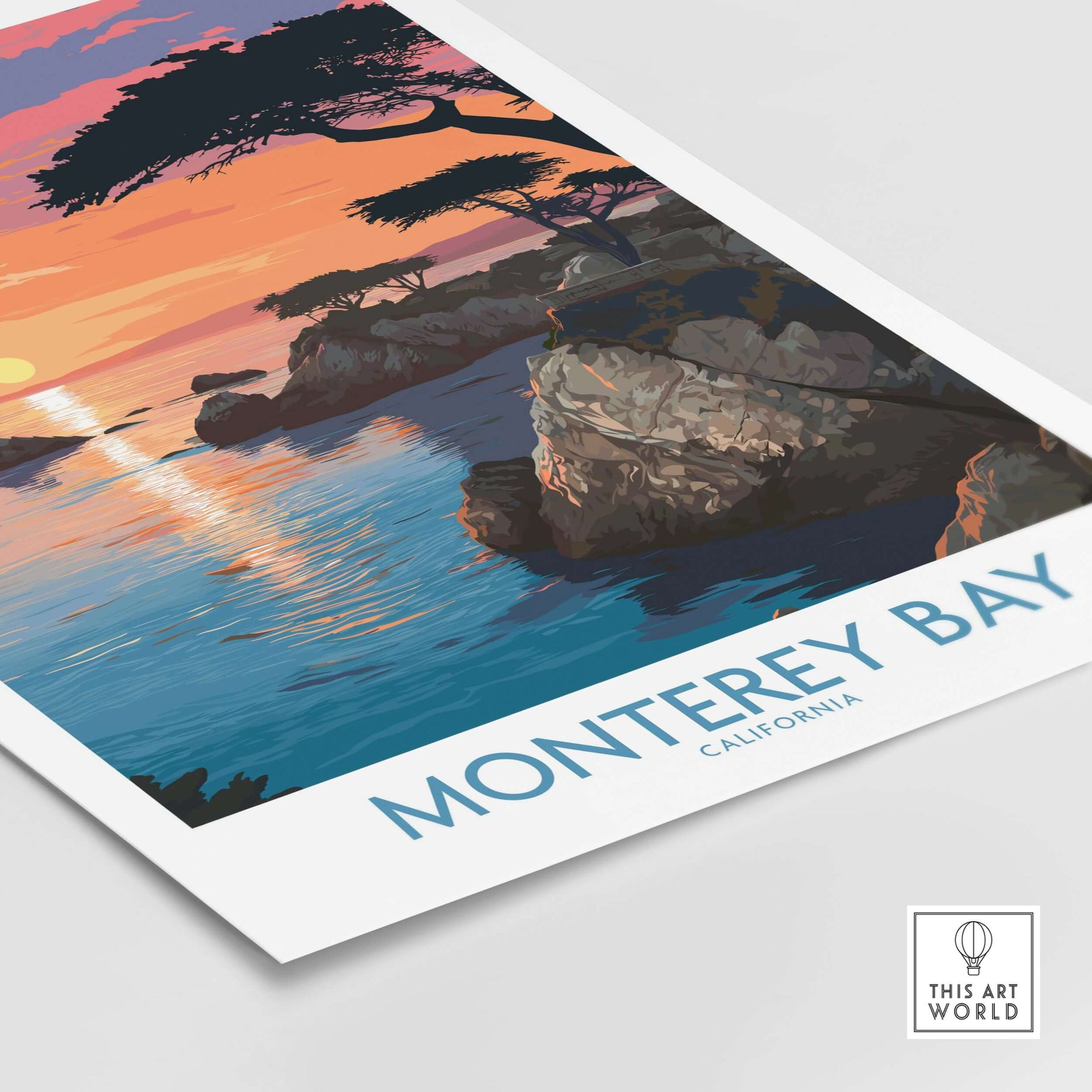 Monterey Bay Poster California Coastal Decor featuring stunning ocean views and vibrant sunset colors.