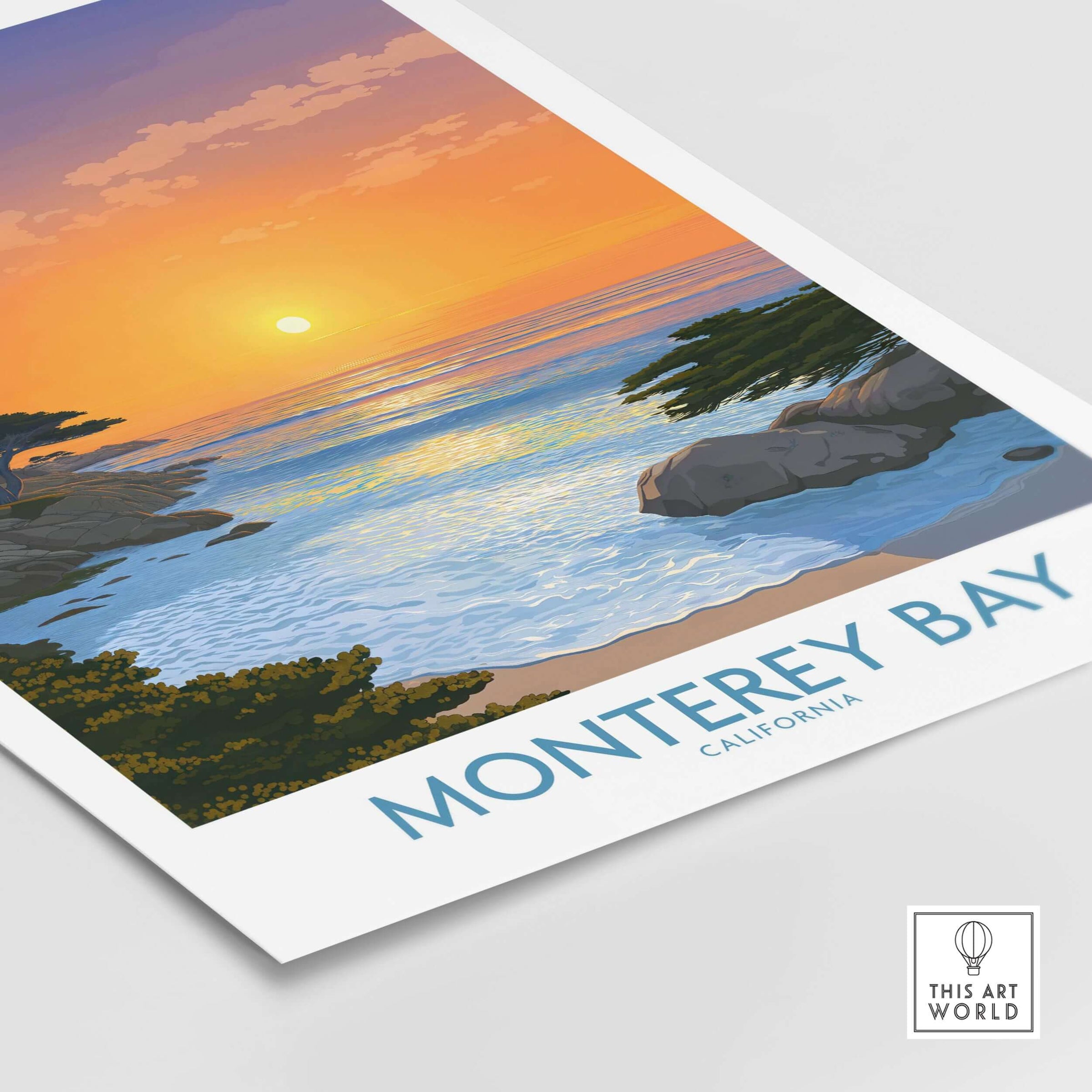 Monterey Bay California Poster - California Beach Print showcasing a colorful sunset over the ocean and coastal landscape.