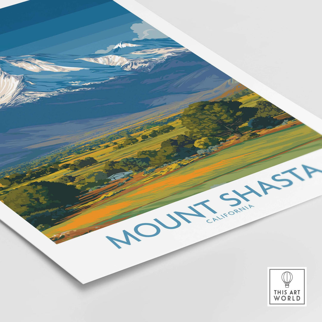 Artistic poster of Mount Shasta, California, showcasing its majestic peak and vibrant surrounding landscape.
