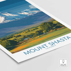 Mount Shasta California Poster featuring a vibrant landscape of the majestic peak and surrounding nature.