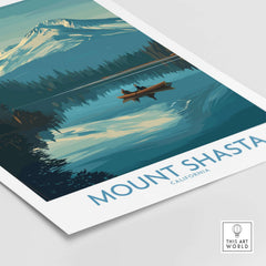 Mount Shasta Poster California - California Nature Print showcasing the stunning peak and serene lake in vibrant colors.