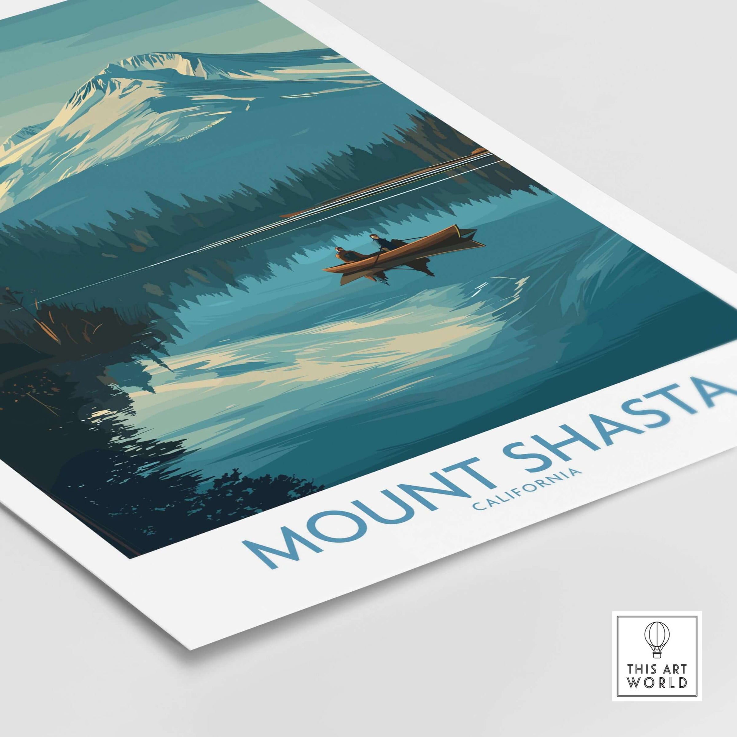 Mount Shasta Poster California - California Nature Print showcasing the stunning peak and serene lake in vibrant colors.