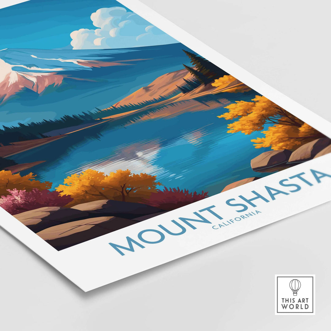 Mount Shasta California wall art featuring vibrant landscapes and tranquil lake reflection.