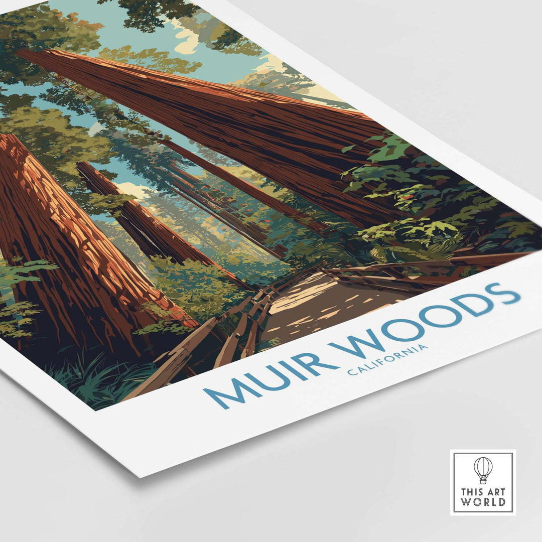 Muir Woods California National Monument poster featuring towering redwoods and serene forest landscapes.