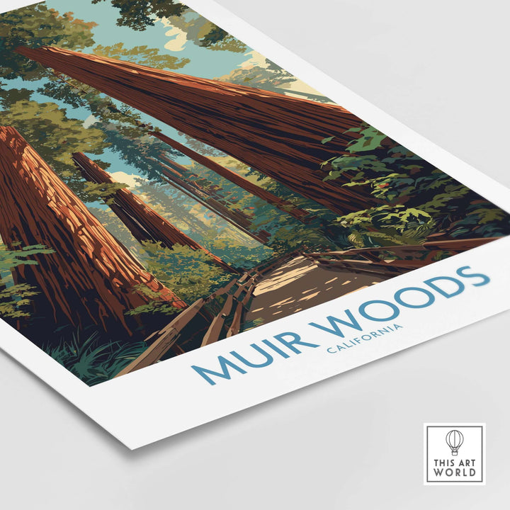 Muir Woods California National Monument poster featuring towering redwoods and serene forest landscapes.