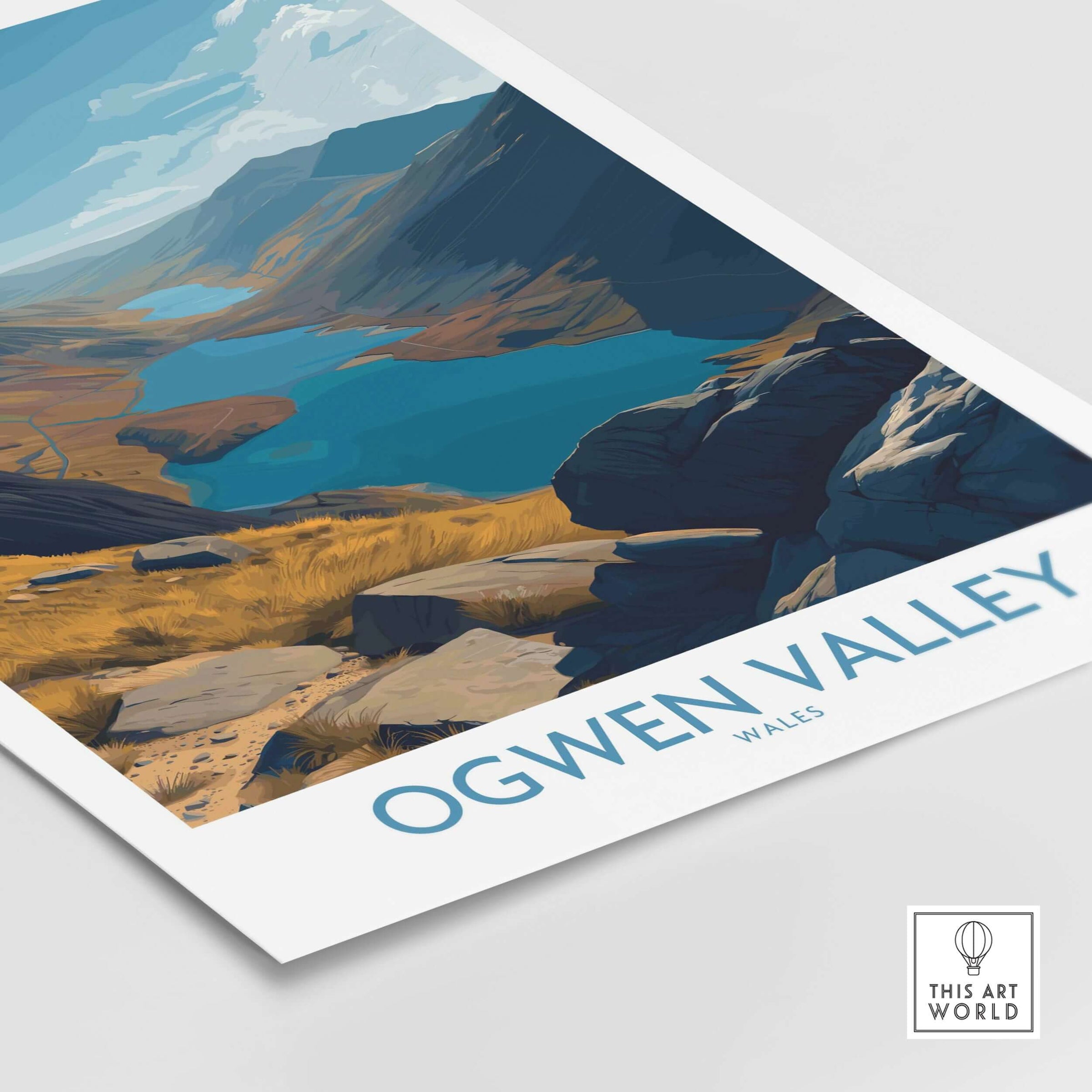 Ogwen Valley Wales Poster Blue Lakes & Peaks - Welsh Wilderness Decor showcasing stunning landscape with blue lakes.