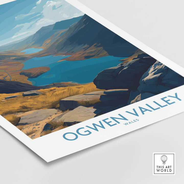 Ogwen Valley Wales poster featuring blue lakes and peaks, a stunning tribute to Welsh wilderness decor.