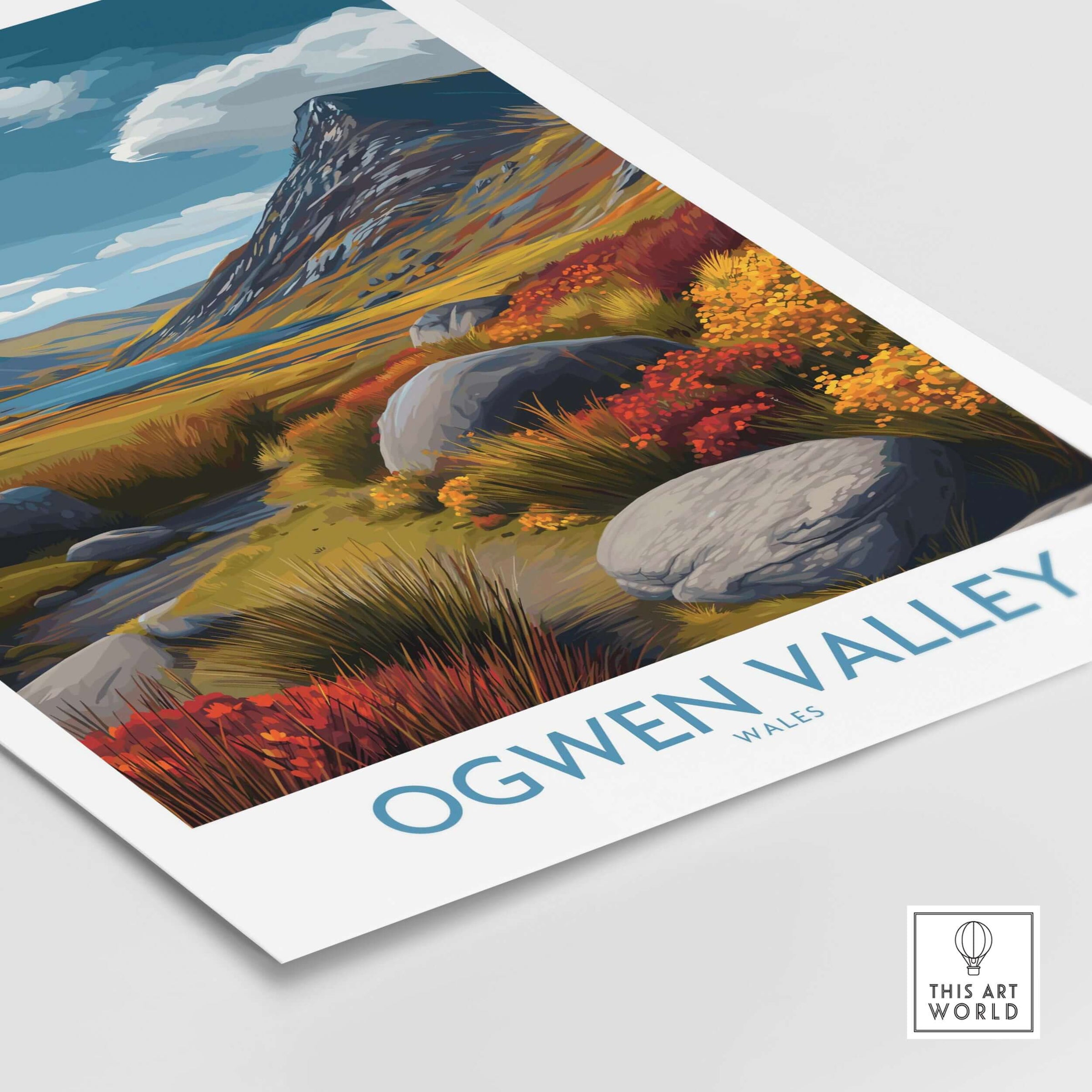 Ogwen Valley Wall Art Wales Rocky Valley - Welsh Nature Travel Decor featuring vibrant landscapes and rocky terrain.