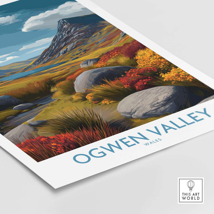 Ogwen Valley wall art featuring vibrant Welsh landscape with rocky formations and colorful foliage.
