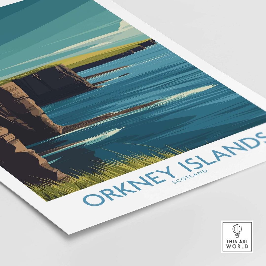Vibrant Orkney Islands wall art showcasing cliffs and ocean scenery, perfect for Scottish travel decor.