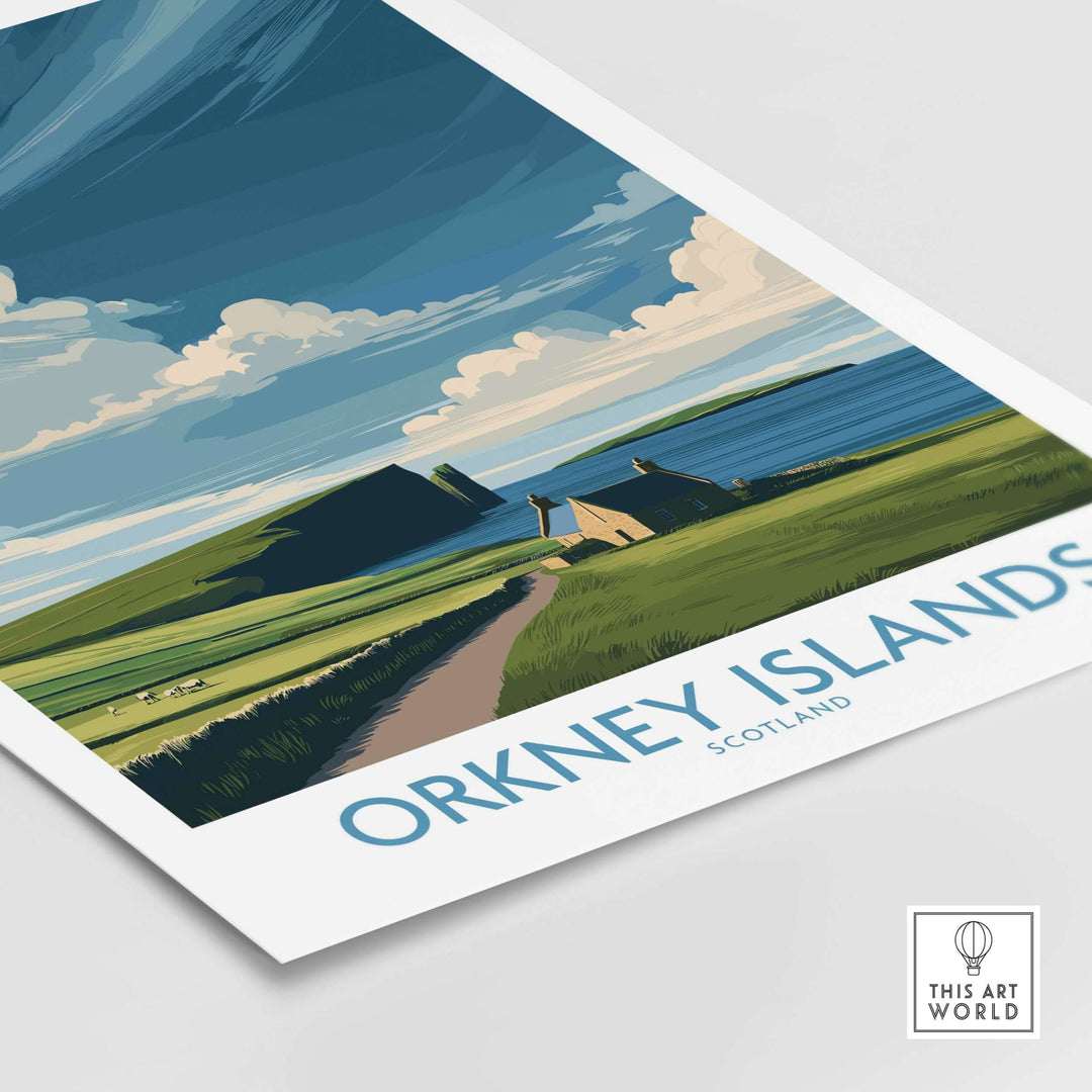 Orkney Islands wall art depicting scenic Scotland landscape with rolling hills and clouds.